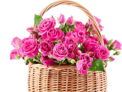 花束，美丽，粉红色，玫瑰，篮子，篮子，鲜花