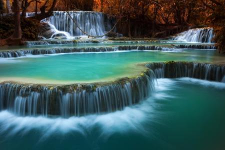 琅waterfall山瀑布，琅勃拉邦，老挝，大自然，瀑布