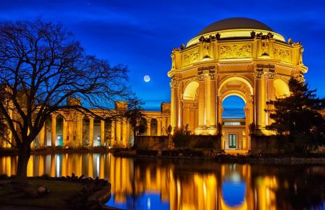 旧金山，纪念，月亮，灯，照明，水，月亮，美女，反射，树木
