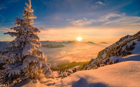 自然，山，冬天，雪，天空，太阳