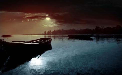 晚上，月亮，水，自然，景观，河流