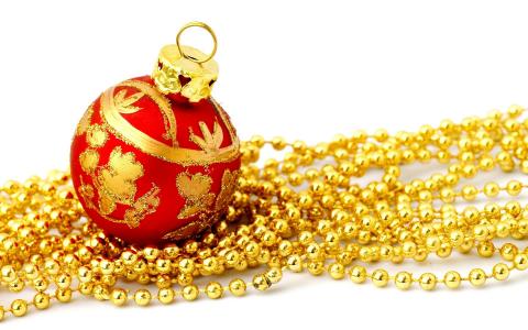 红色，金，新年，球，假期，球，圣诞节，新年，白色背景，圣诞玩具，模式，珠子