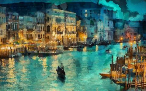 灯，意大利，艺术，房屋，灯，船，缆车，运河，夜，威尼斯