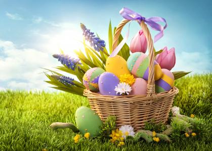 鸡蛋，篮子，弓，复活节，复活节，草，复活节