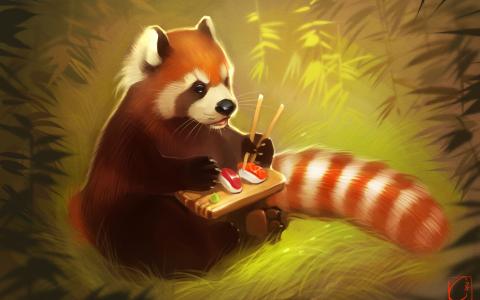 熊猫，红色，寿司，棍棒，竹子