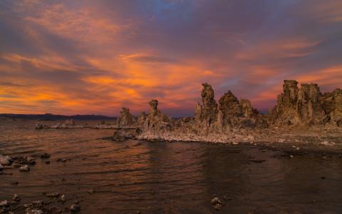 日落，加州，单湖，岩石，岩石