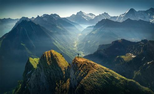 自然，瑞士，山，阿尔卑斯山，夏天，人