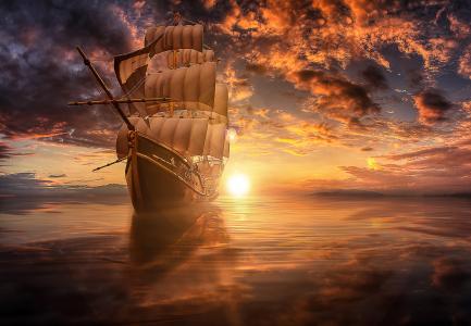 曼努埃尔罗杰，3D，图形，海，船舶，帆船，天空，云，太阳，日落，散景