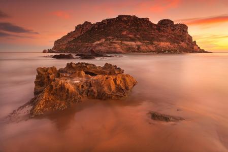 日出，海，岛，岩石，西班牙