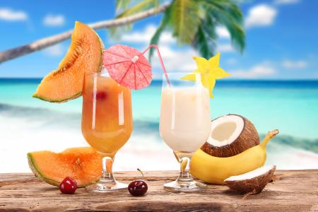 鸡尾酒，脖子，果汁，鸡尾酒，夏天，美味，背景，棕榈，海洋，水果