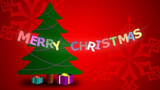 图片，圣诞节，树，礼物，红色背景