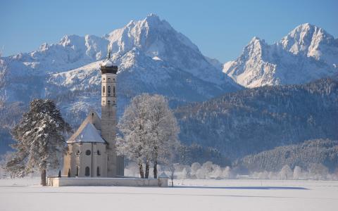 山，寺庙，雪，冬天