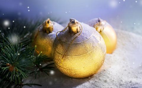 云杉，树枝，圣诞球，闪光，圣诞树，新年，金，眩光，新年，假日，闪光