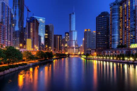 芝加哥，美国，伊利诺伊州，芝加哥，城市，夜晚，灯光，摩天大楼