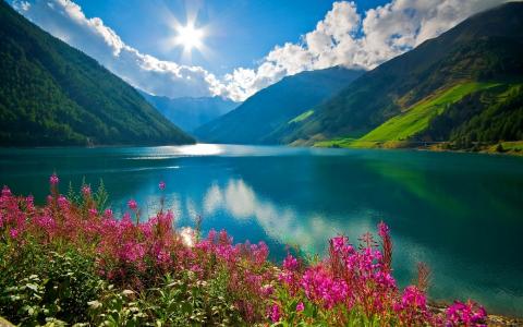 自然，山，湖，太阳，鲜花，美丽