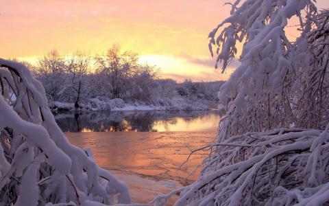 河，雪，冬天，日落