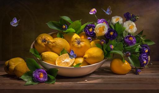 静物，盘子，水果，qu，，柠檬，鲜花，蝴蝶