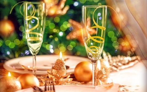 新的一年，丝带，假期，蜡烛，香槟