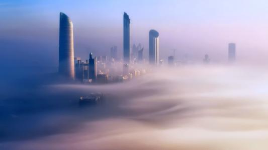 塔，城市，雾，云