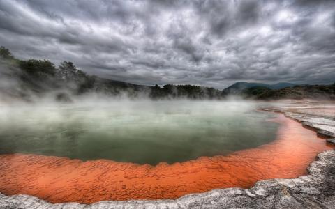 热，源，火山，雾，蒸汽，云，湖，树，熔岩