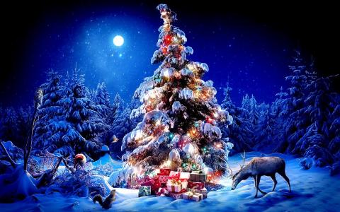 美丽的圣诞树，花环，礼物，动物，森林，雪，除夕