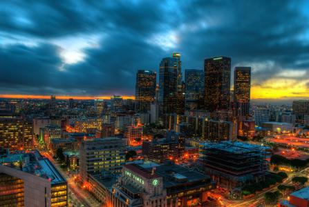 洛杉矶加利福尼亚州，美国，大都会，房屋，摩天大楼，全景，晚上，日落，灯