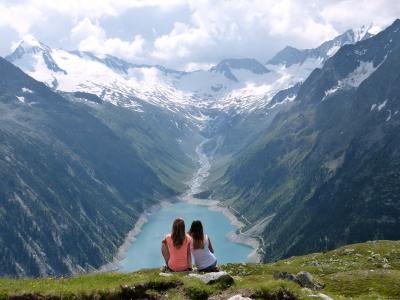 女孩，夫妇，山，湖，奥地利，美丽
