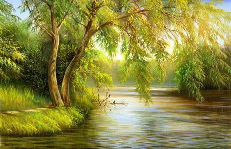 绘画，绘画，自然，夏天，河，树，鸟类