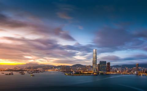 建筑物，香港，灯，云，湾，晚上，天空，日落