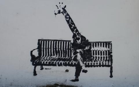 涂鸦，长颈鹿，长凳，墙壁，人