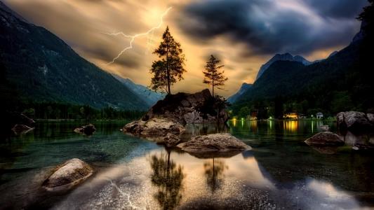 自然，湖，山，石头，日落，雷暴，闪电