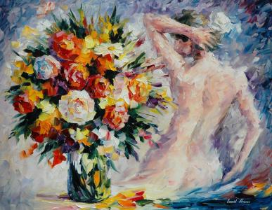 列昂尼德·阿夫雷莫夫，绘画，鲜花，花束，花瓶，女孩，背部，手