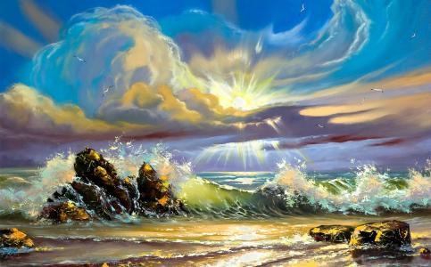 海，波，岸，海鸥，石头，太阳，云，天空，绘画，亚历山大Khodyukov