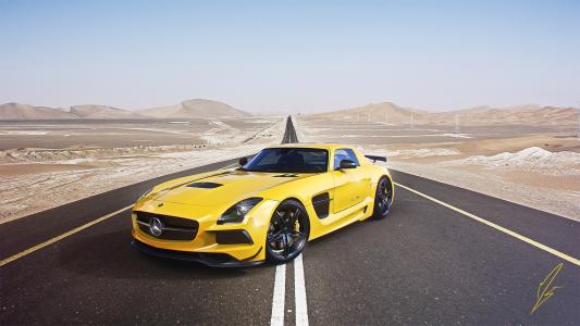 梅赛德斯 - 奔驰，AMG，SLS，黑色版，超级跑车，黄色，道路，沙漠，天空