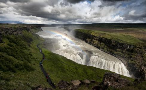 Gydlfoss，冰岛，瀑布，性质，人，旅游，彩虹，天空，山