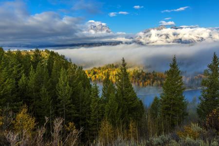 怀俄明州，河，秋，云，树，雾，森林，大提顿