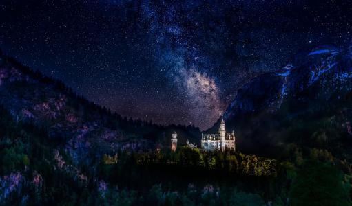 自然，山，德国，夜，城堡，新天鹅堡，美丽