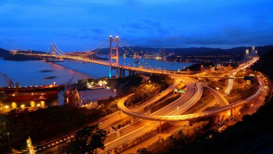香港，城市，河流，光，建筑，桥梁