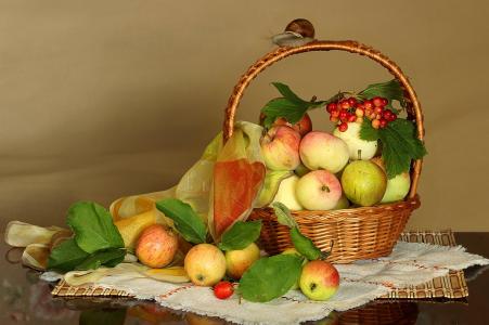 篮子，水果，苹果，餐巾，围巾，布