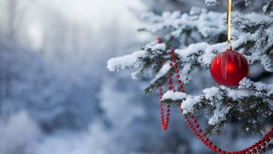 新的一年，树，雪，球，珠子