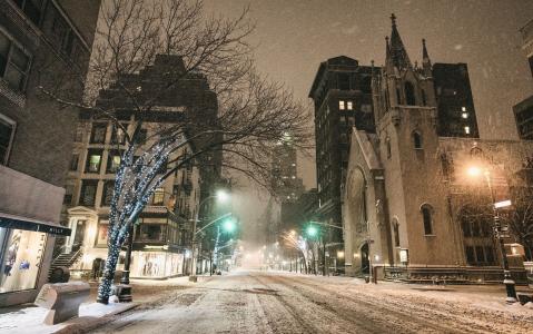 雪，街，灯笼，纽约