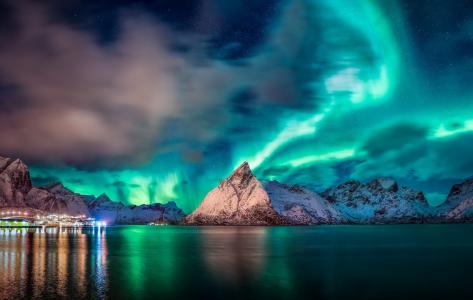自然，景观，挪威，山，峡湾，水，光辉，夜