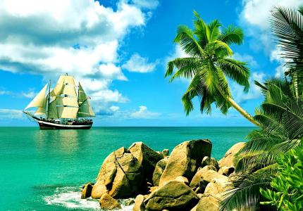 性质，船，帆船，热带地区，海滩，棕榈树，石头，美丽，天空，云，夏天，休息，天堂