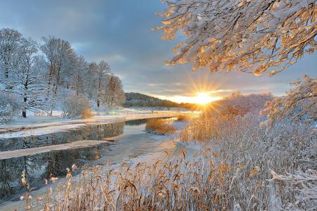 冬天，河，日出，太阳，雪