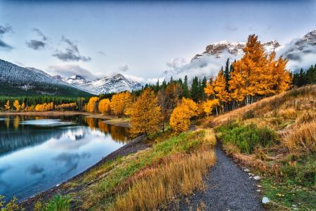 秋天，山，湖，路径