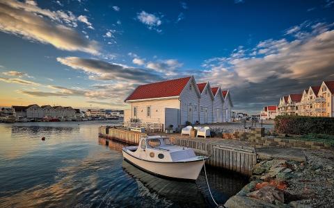 船，码头，房屋，湾，天空，Okremhamn，挪威