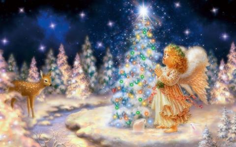 可爱的天使，圣诞树，鹿，雪，冬天