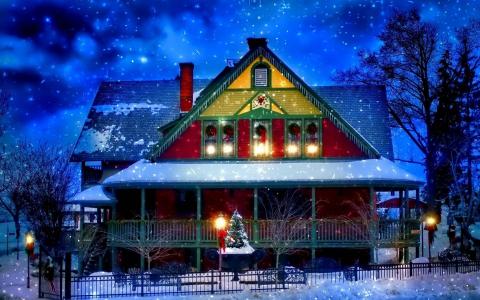 房子，新的一年，冷杉，灯，雪，天空，晚上