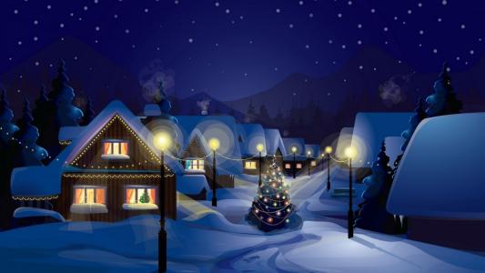 晚上，村庄，雪