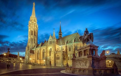 城市，布达佩斯，匈牙利，晚上，纪念碑，大教堂，广场